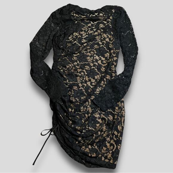 BAILEY 44 SEXY BOHO FLORAL LACE ROUCHED BODYCON MINI DRESS BLACK LARGE - Picture 1 of 6